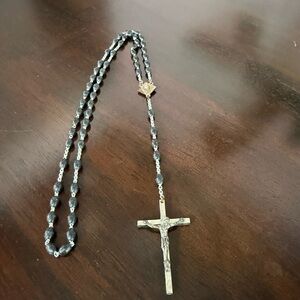 Vintage K of C Rosary Black Beads Silver Tone Cross Italy Knights of Columbus